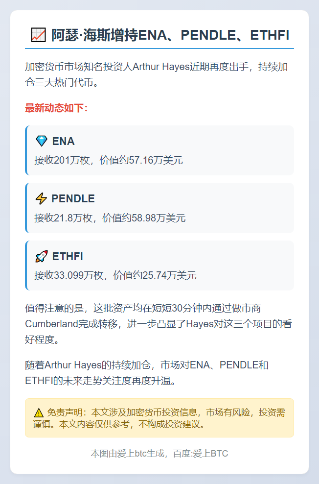 阿瑟·海斯增持ENA、PENDLE、ETHFI