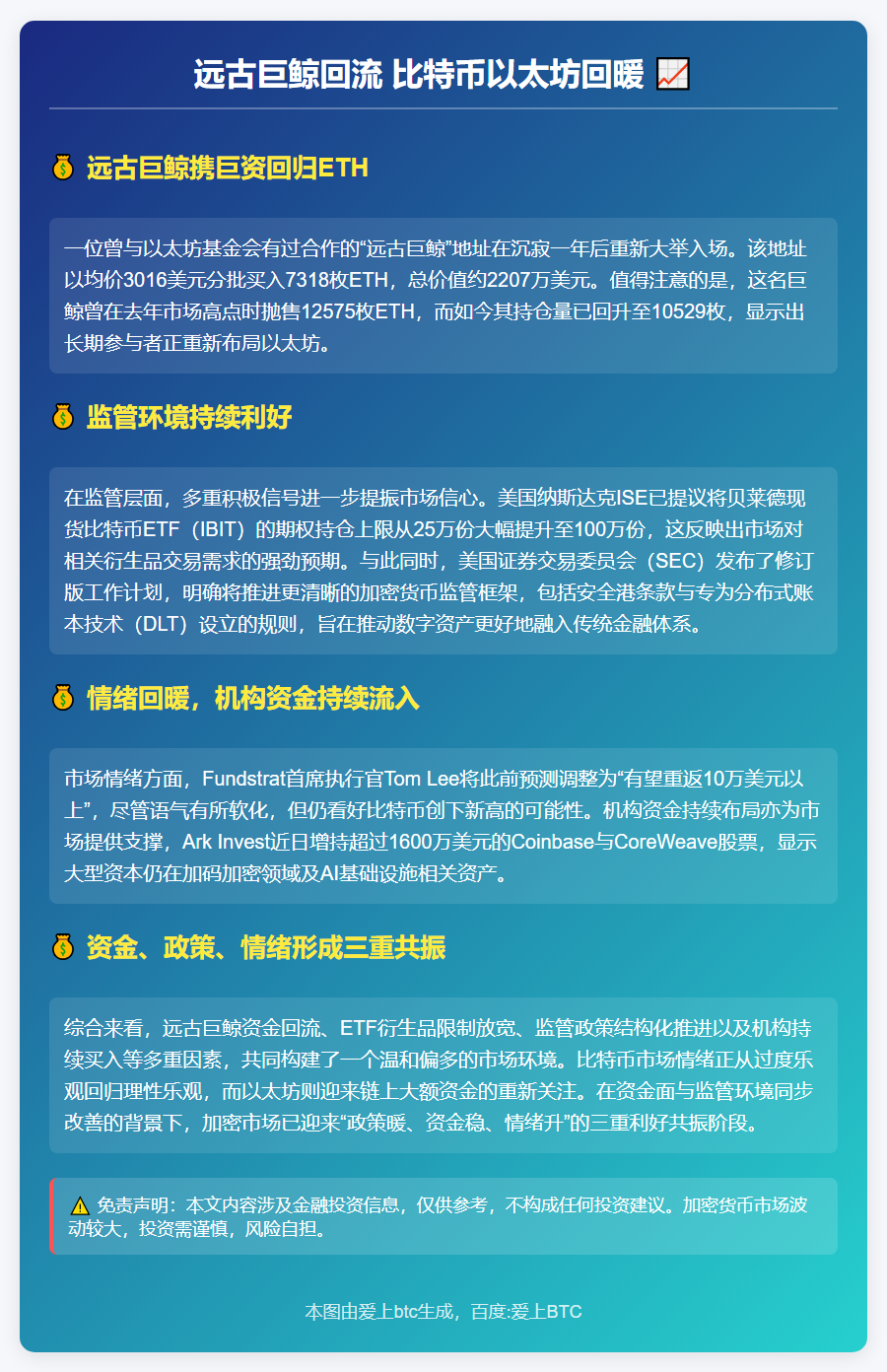 远古巨鲸回流 比特币以太坊回暖