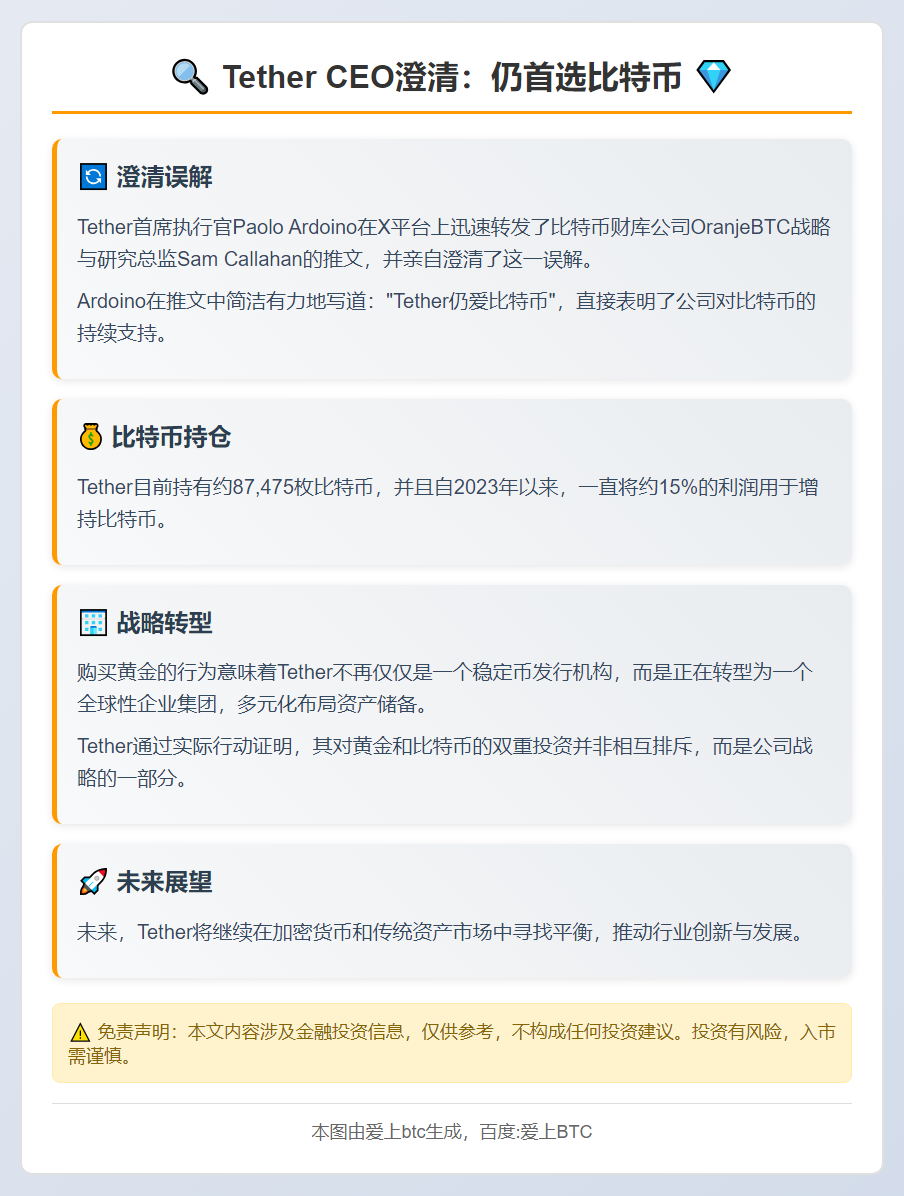 Tether CEO澄清：仍首选比特币