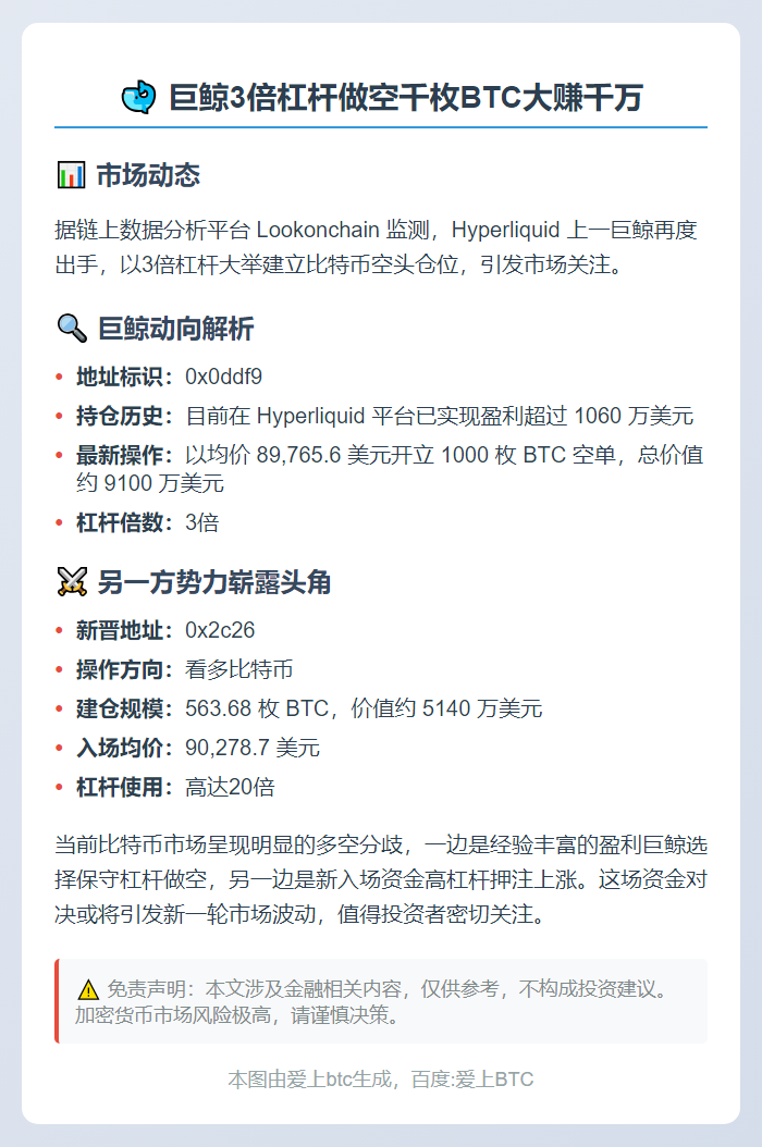 巨鲸3倍杠杆做空千枚BTC大赚千万