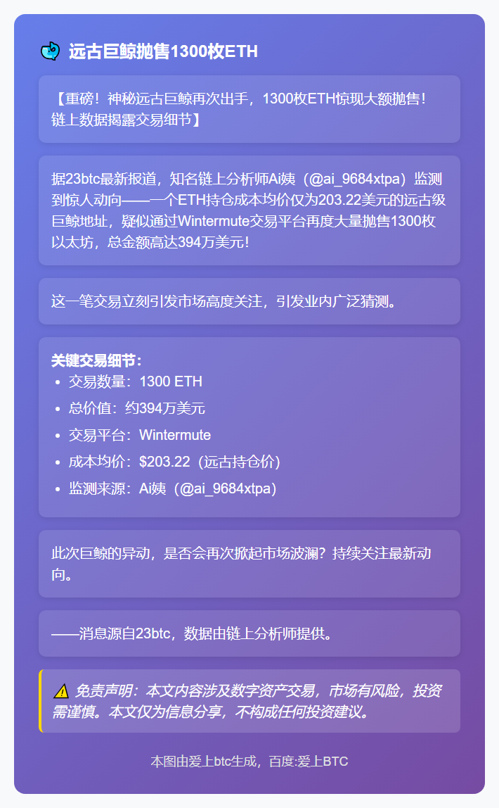 远古巨鲸抛售1300枚ETH