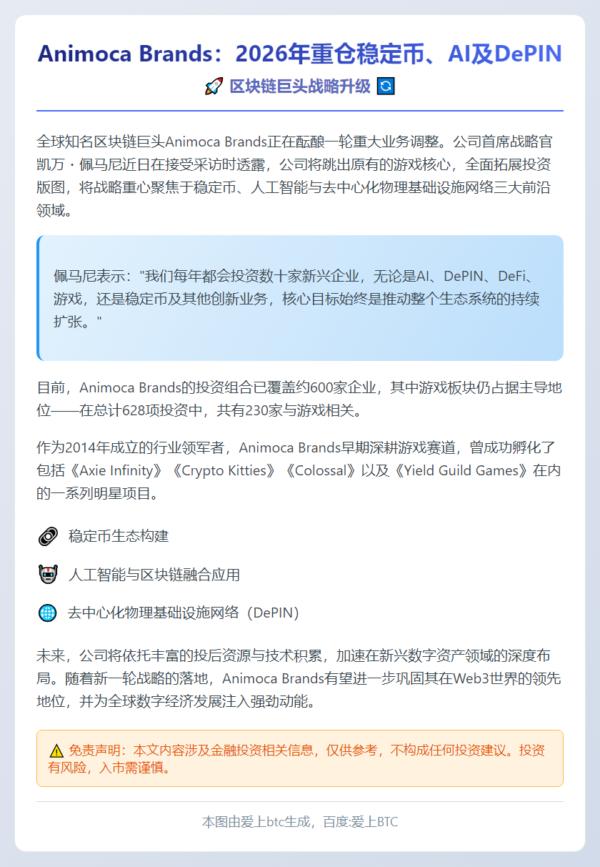Animoca Brands：2026年重仓稳定币、AI及D