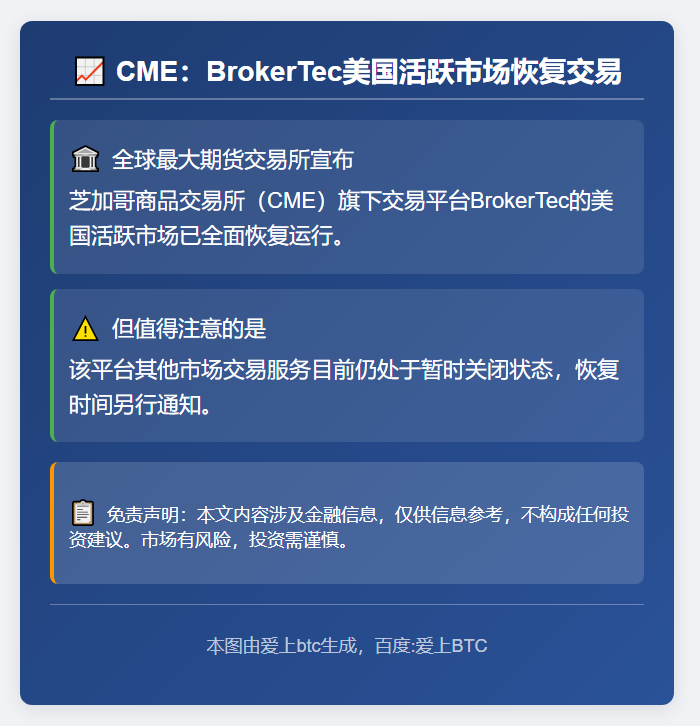 CME：BrokerTec美国活跃市场恢复交易