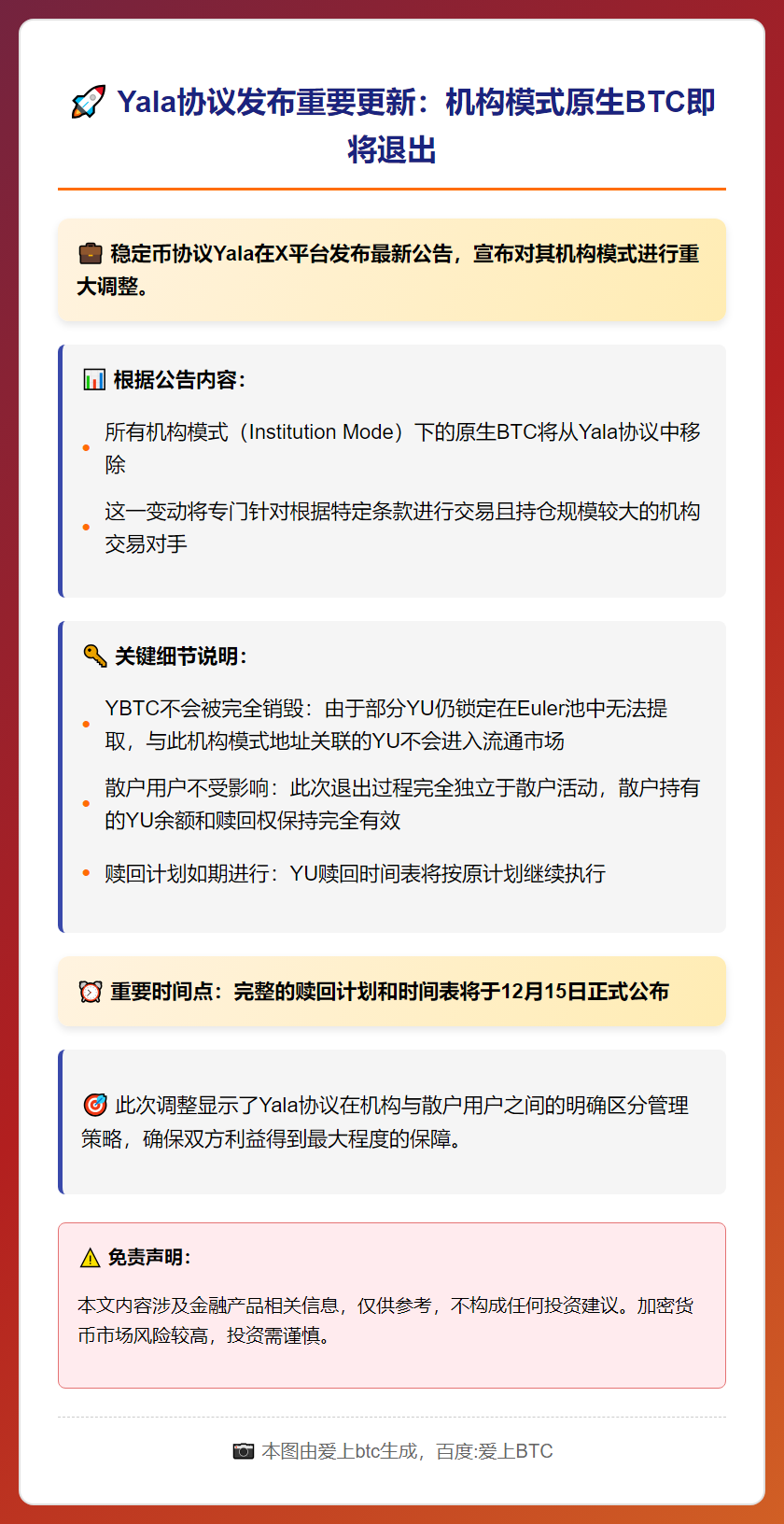 Yala赎回计划15日公布 移除机构BTC模式
