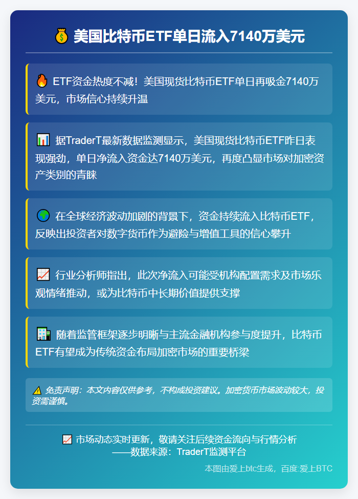 美国比特币ETF单日流入7140万美元