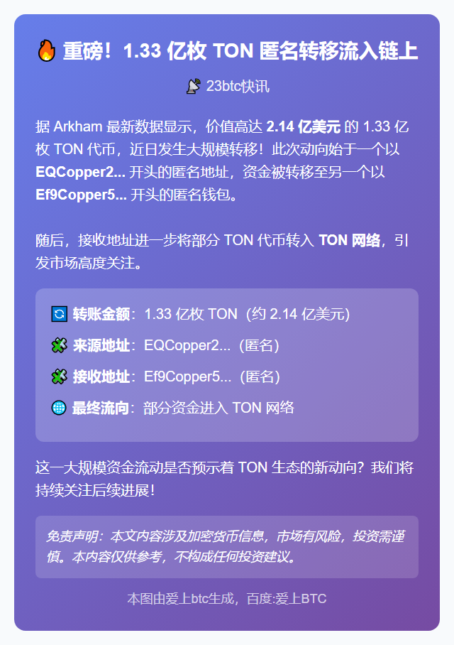 1.33亿TON匿名转移流入链上