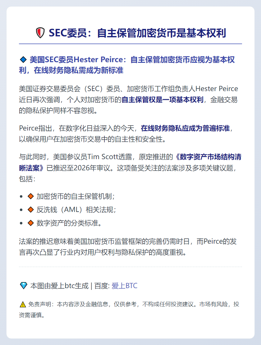 SEC委员：自主保管加密货币是基本权利