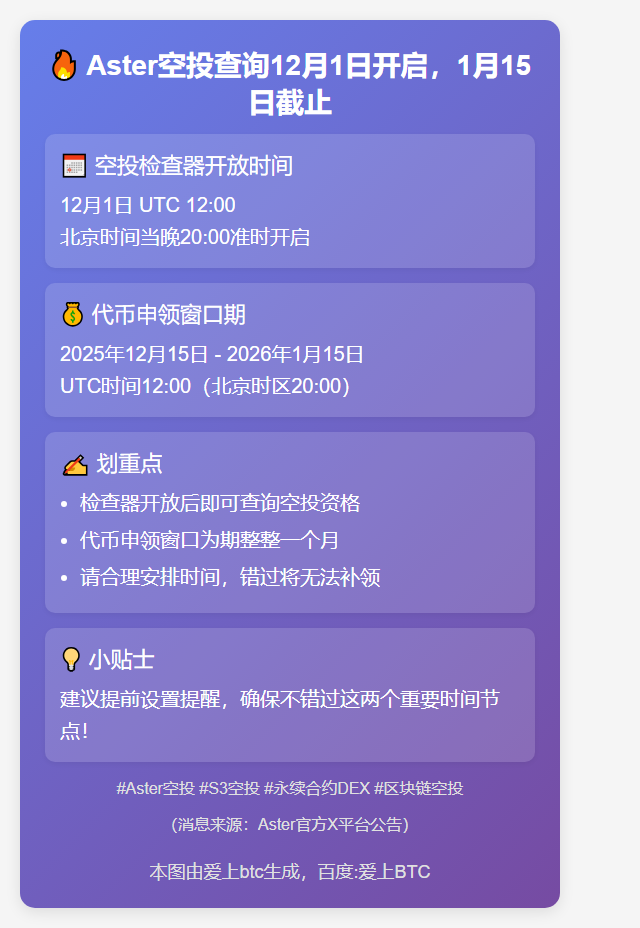 Aster空投查询12月1日开启，1月15日截止