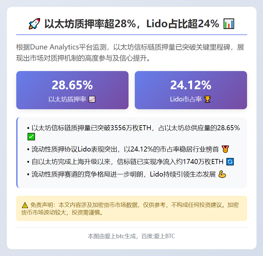 以太坊质押率超28%，Lido占比超24%