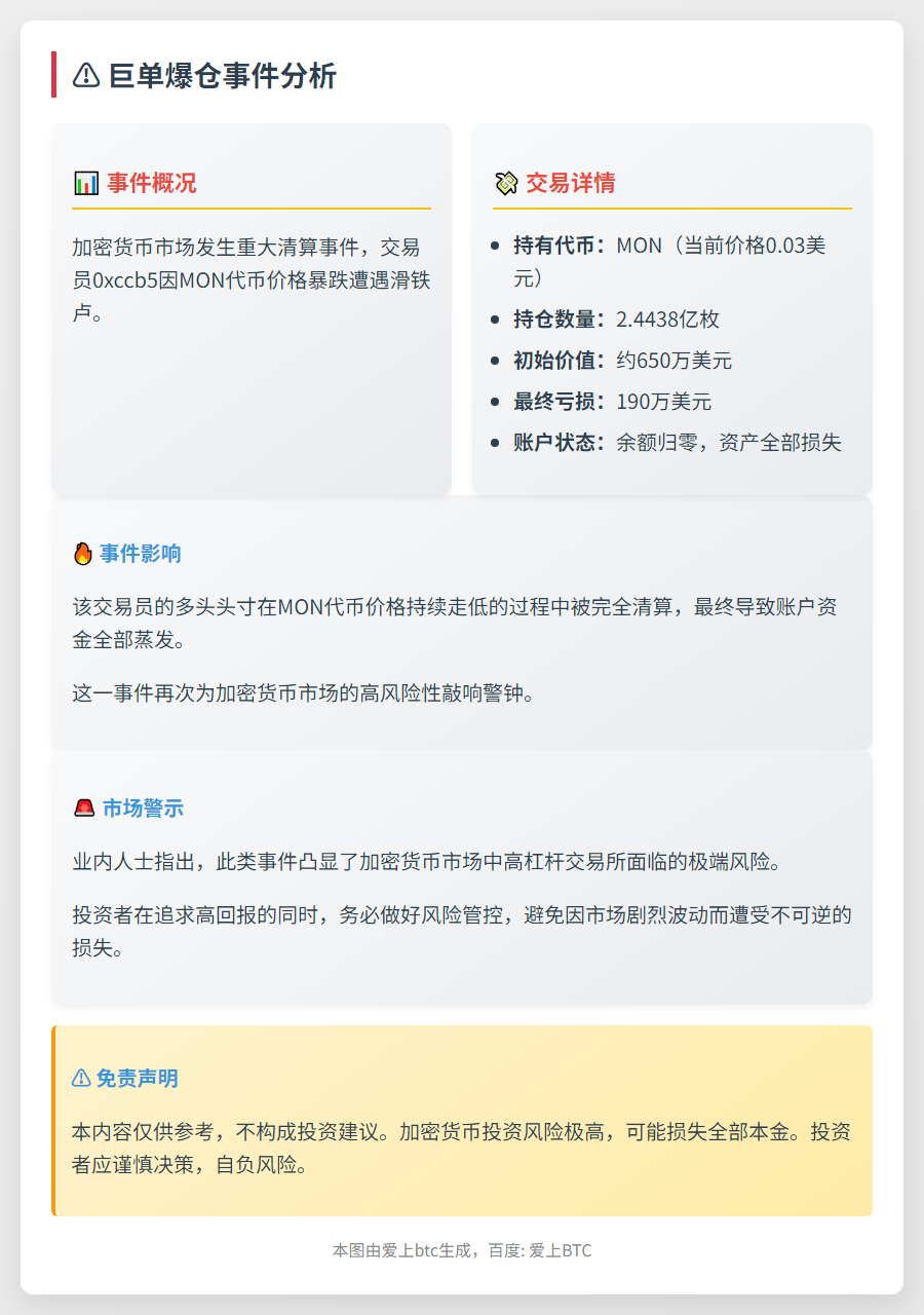 巨单爆仓：交易员190万美元多单全损