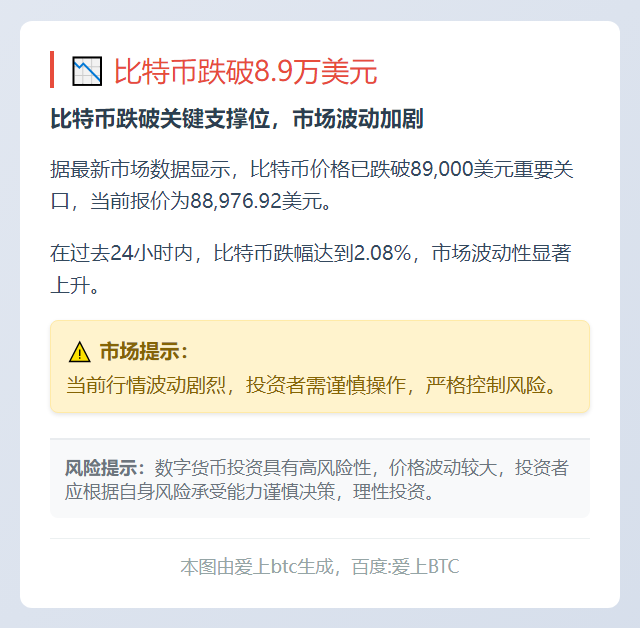 比特币跌破8.9万美元