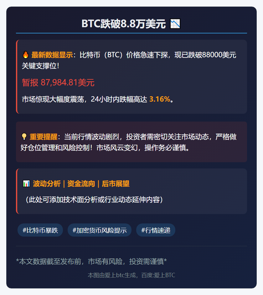 BTC跌破8.8万美元