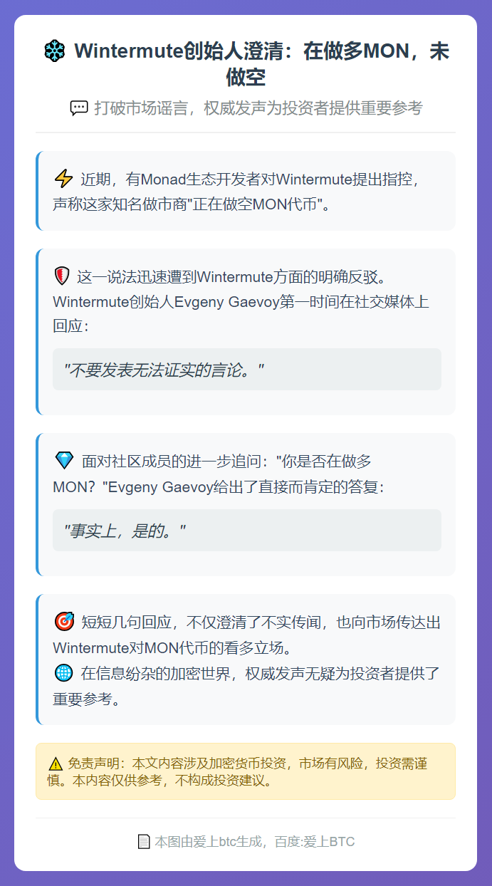 Wintermute创始人澄清：在做多MON，未做空