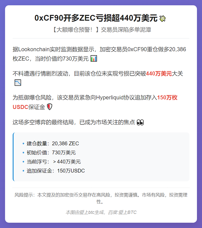 0xCF90开多ZEC亏损超440万美元
