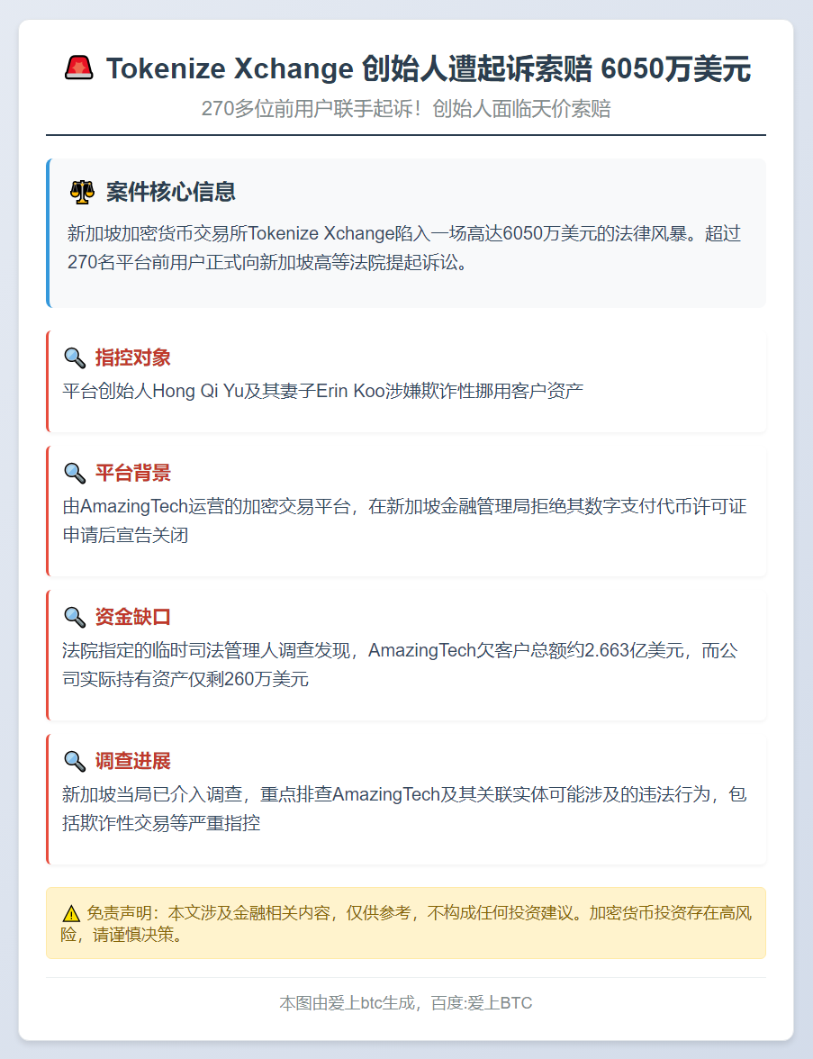 Tokenize Xchange 创始人遭起诉索赔 6050