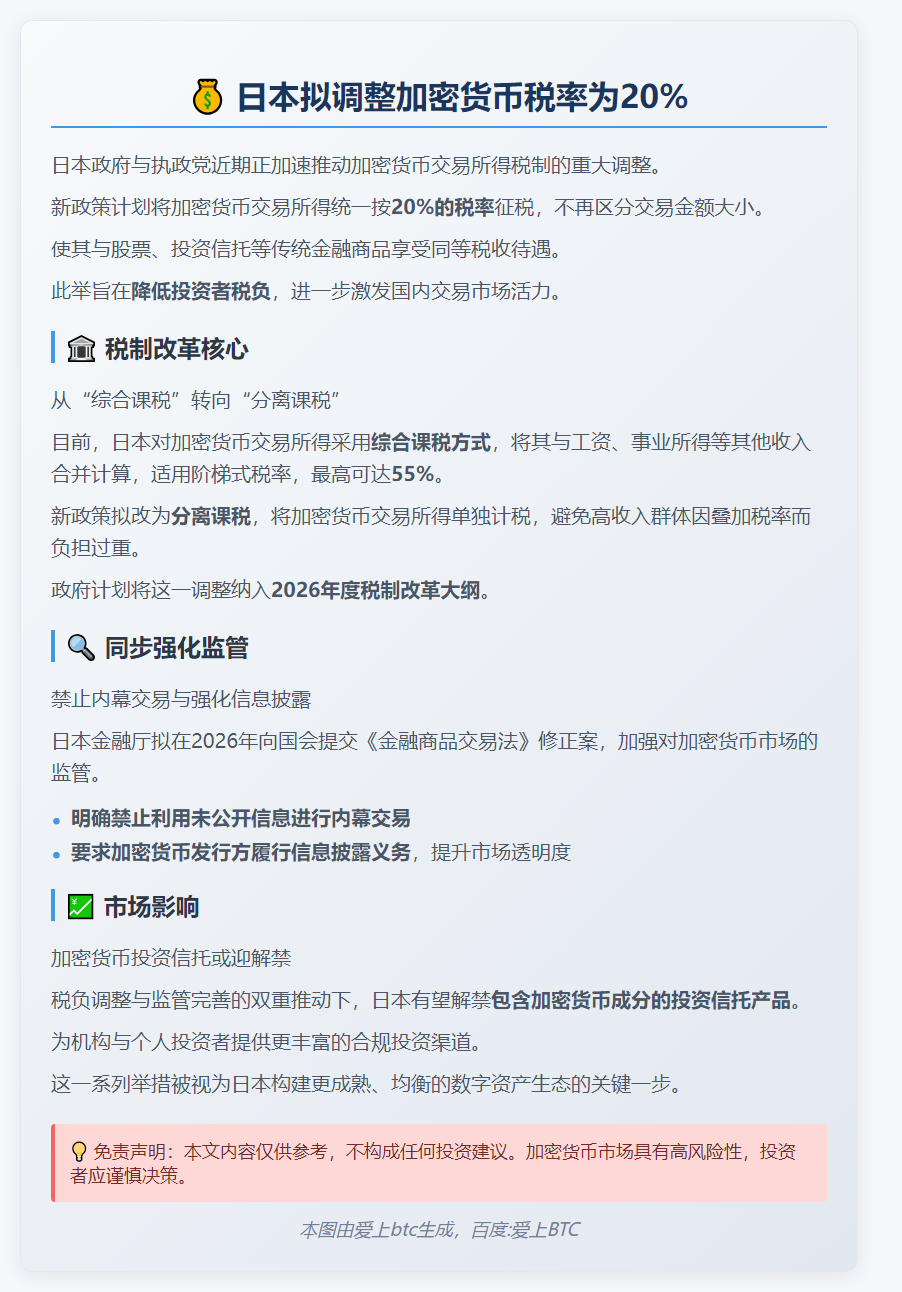 日本拟调整加密货币税率为20%
