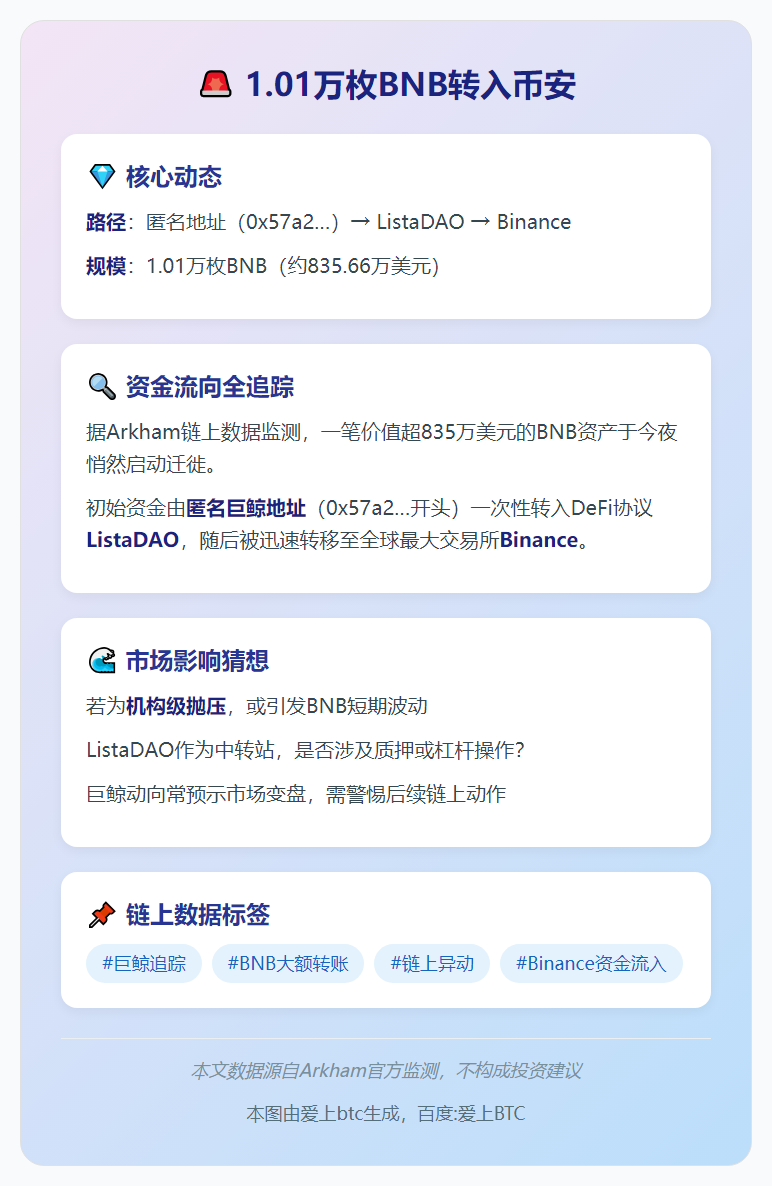 1.01万枚BNB转入币安