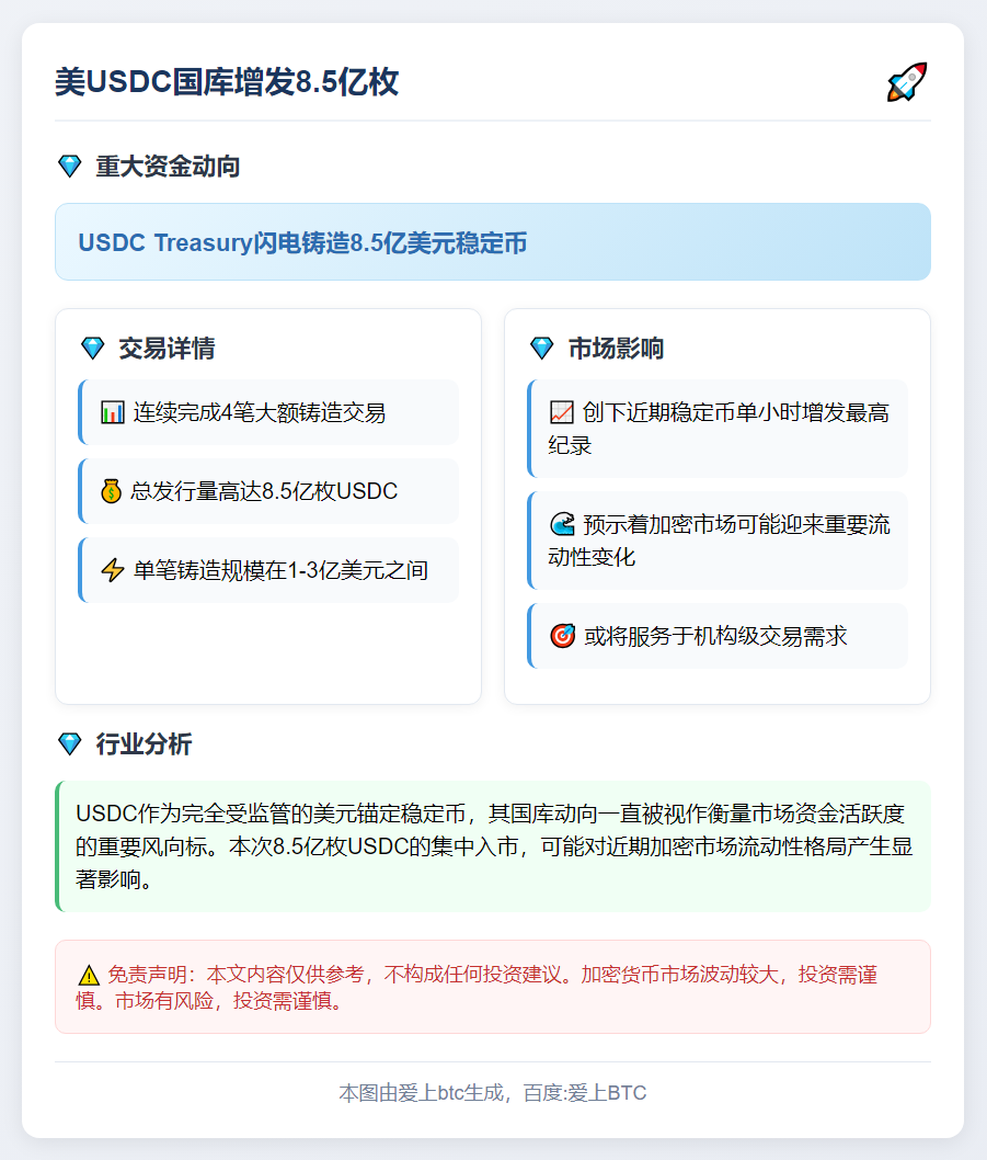 美USDC国库增发8.5亿枚