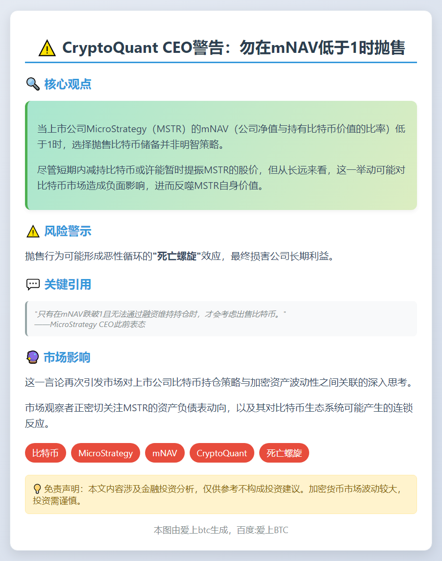 CryptoQuant CEO警告：勿在mNAV低于1时抛售