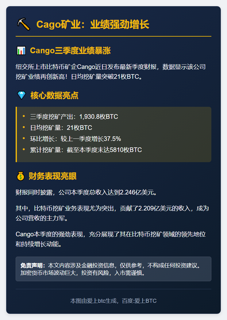 Cago矿业：日均开采21枚比特币，环比增逾37%