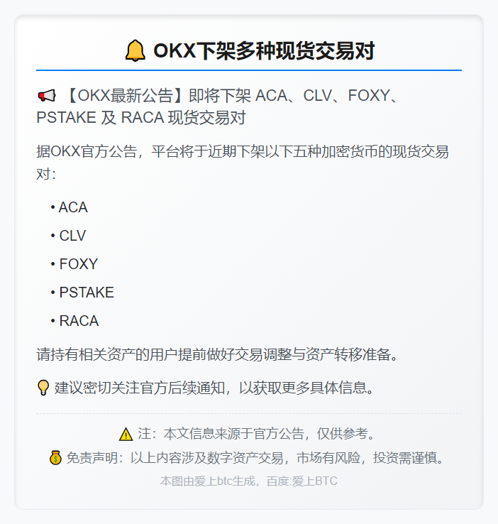 OKX下架多种现货交易对
