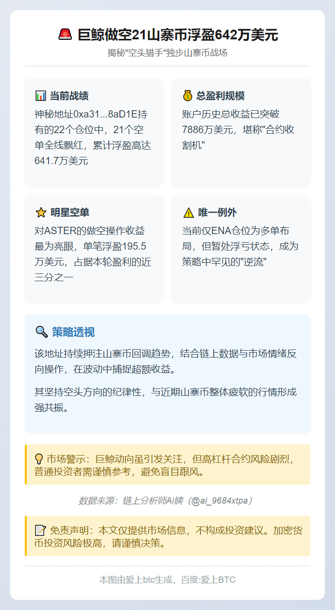 巨鲸做空21山寨币浮盈642万美元