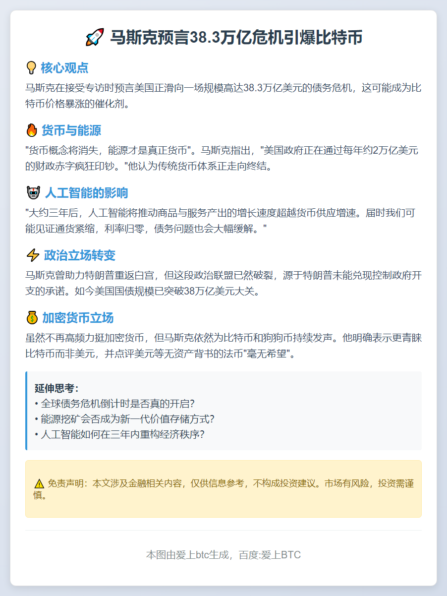 马斯克预言38.3万亿危机引爆比特币