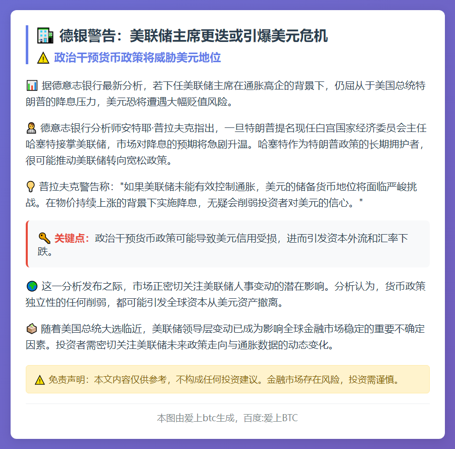 德银：新任联储主席若不抗通胀或打压美元