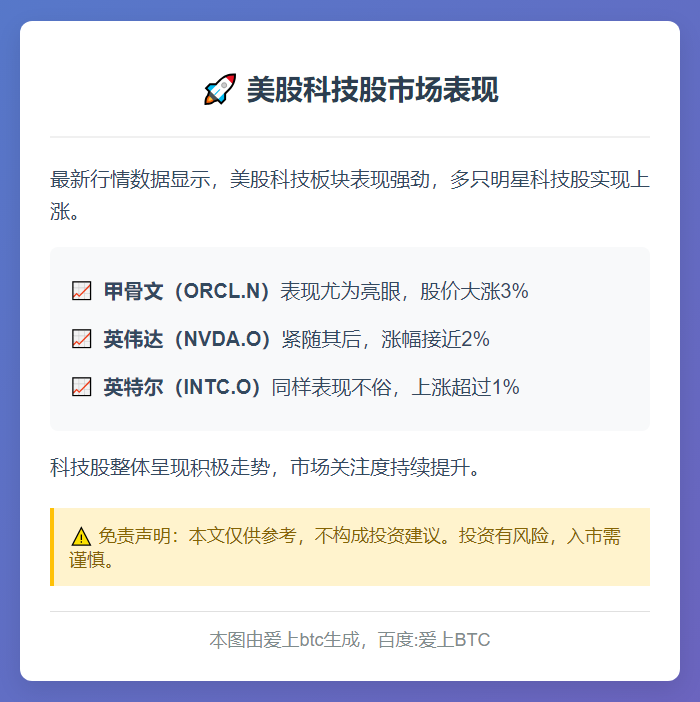 美股科技股走高，甲骨文涨3%