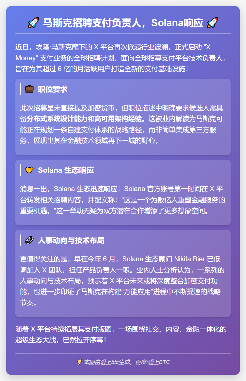 马斯克招聘支付负责人，Solana响应