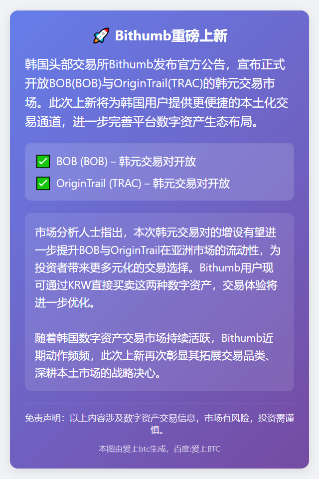 Bithumb将上线BOB与TRAC韩元交易对