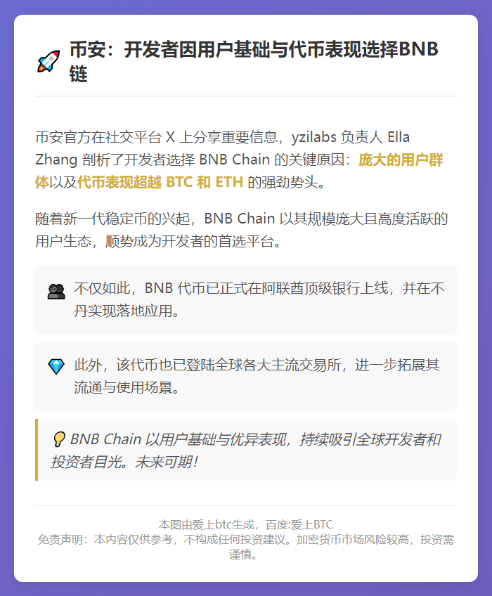 币安：开发者因用户基础与代币表现选择BNB链