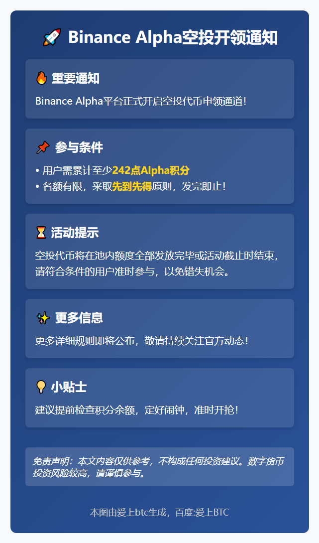 今晚21点Binance Alpha空投开领：门槛242分