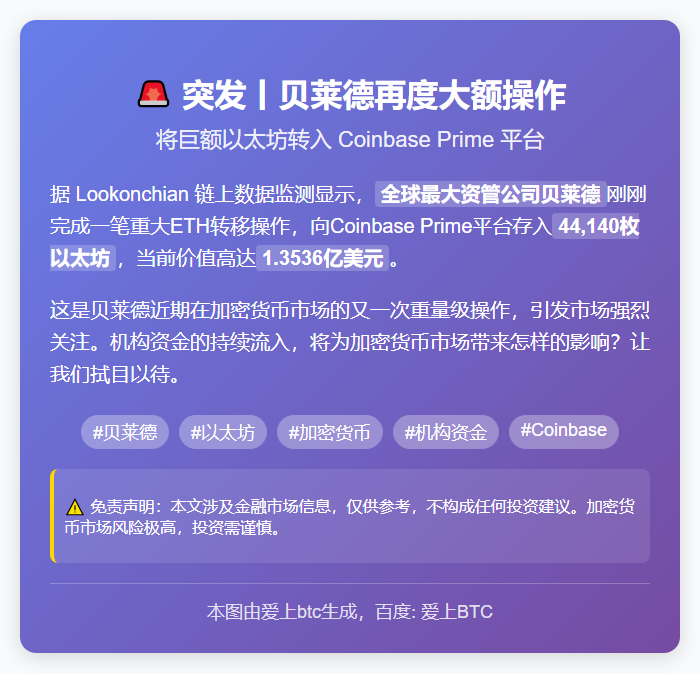 贝莱德Coinbase一次存入4.4万枚以太坊