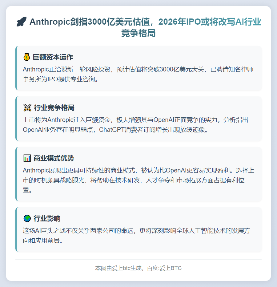 Anthropic或考虑IPO，再融资估值3000亿美元