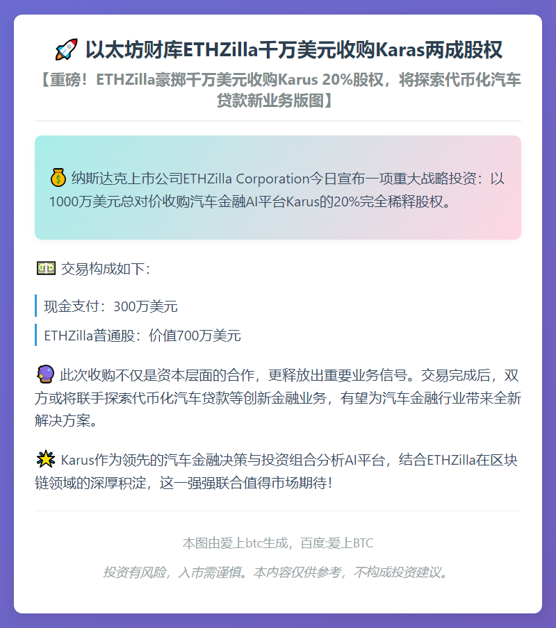 以太坊财库ETHZilla千万美元收购Karas两成股权