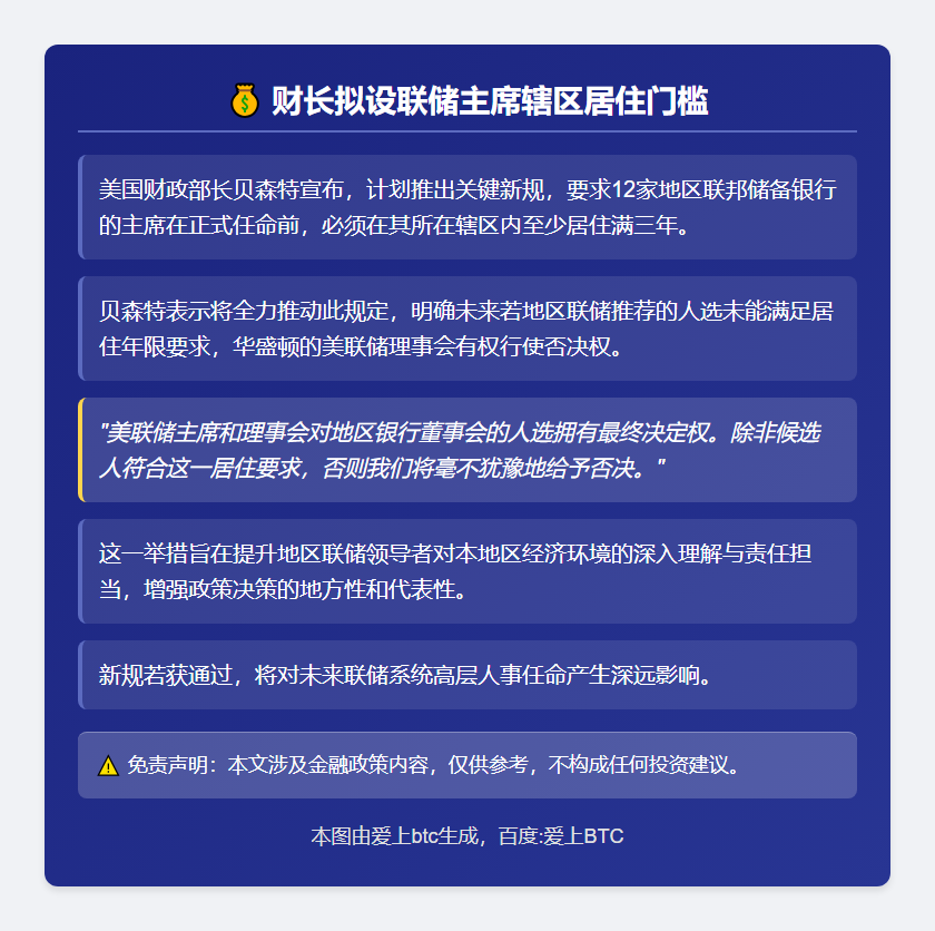 财长拟设联储主席辖区居住门槛