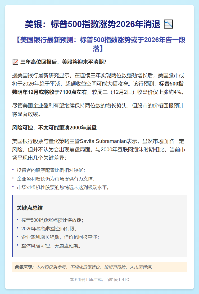 美银：标普500指数涨势2026年消退
