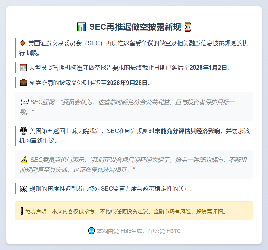 SEC再推迟做空披露新规