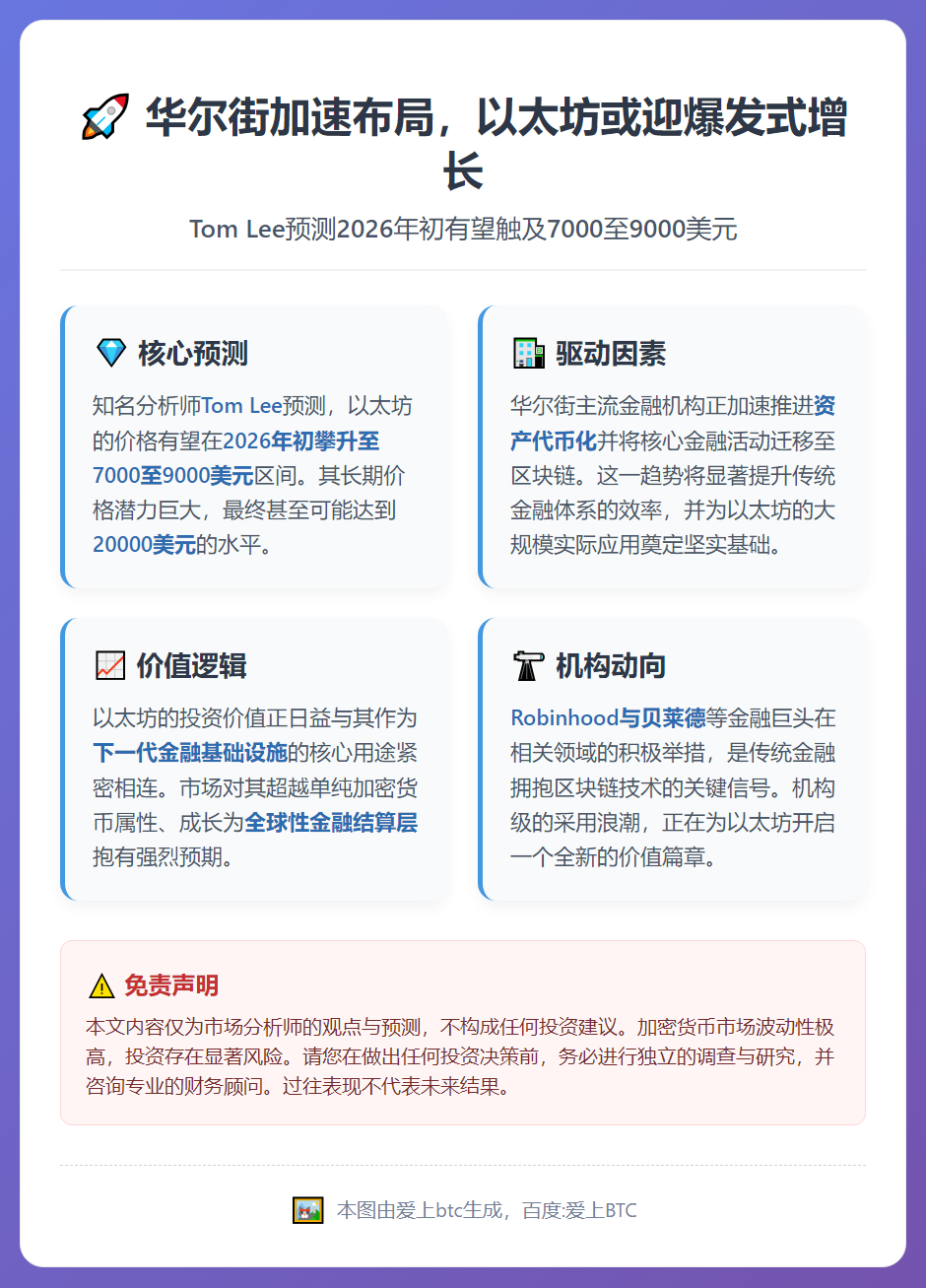 Tom Lee预测以太坊2026年初或达7000-9000美