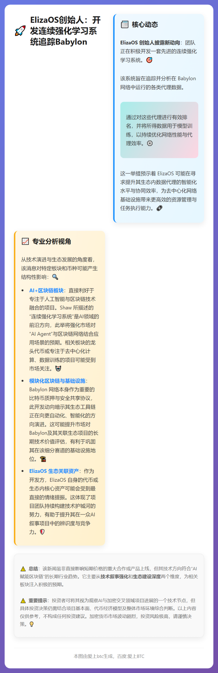ElizaOS创始人：开发连续强化学习系统追踪Babylon