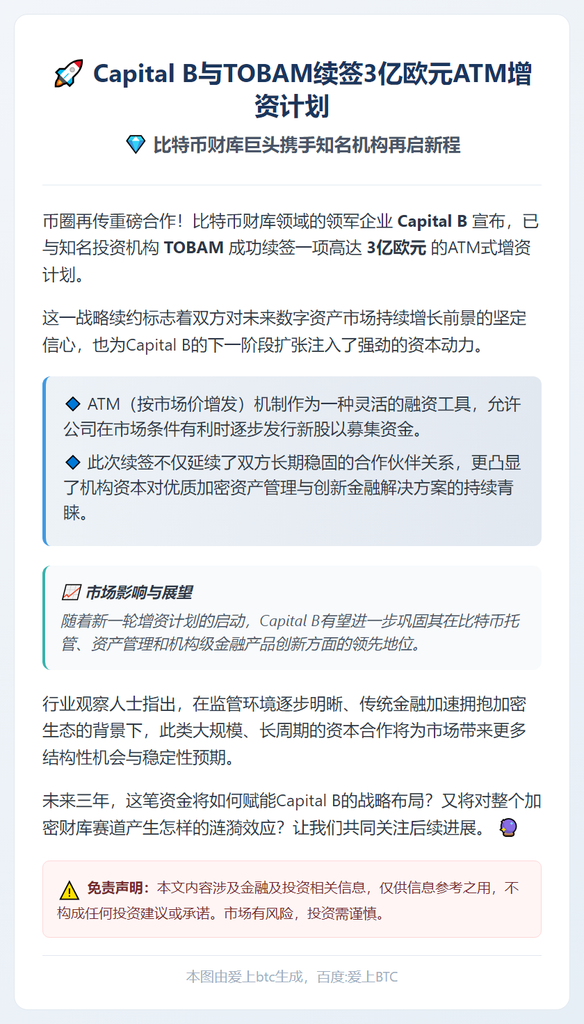 Capital B与TOBAM续签3亿欧元ATM增资计划