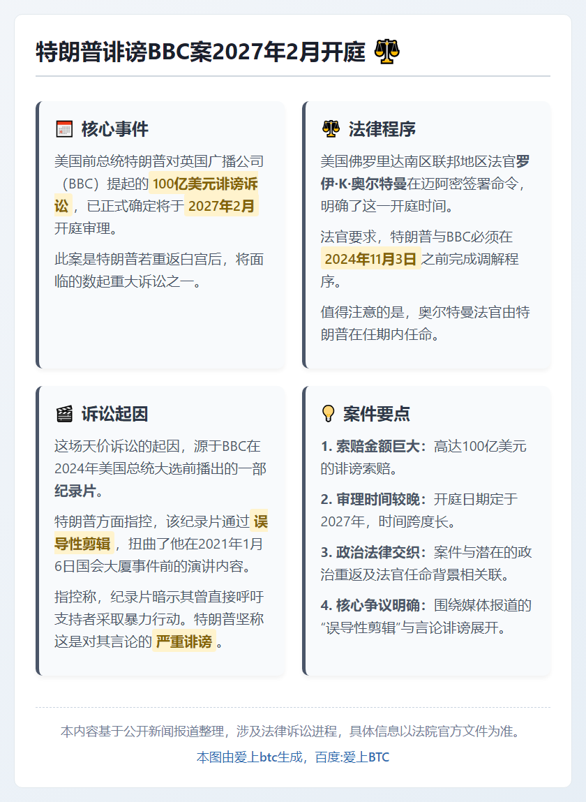 特朗普诽谤BBC案2027年2月开庭