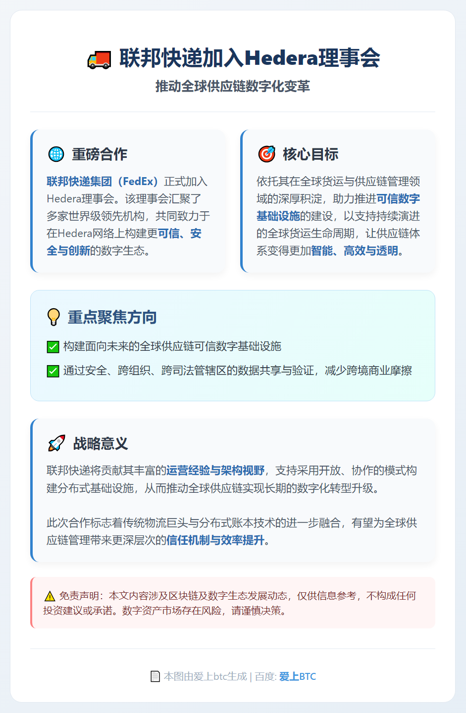 联邦快递加入Hedera理事会，推动供应链数字化