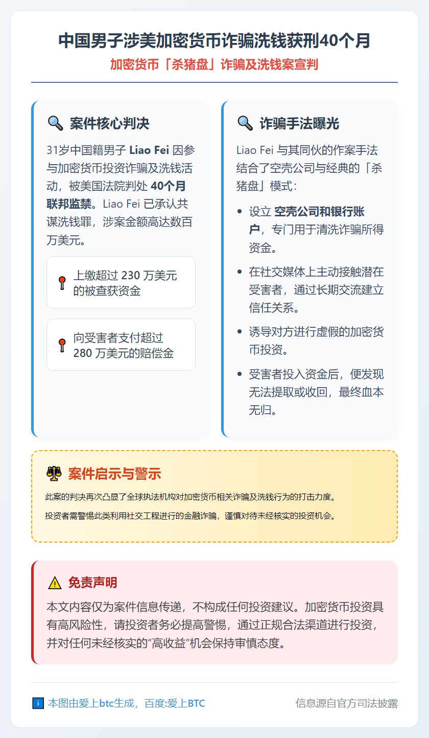 中国男子涉美加密货币诈骗洗钱获刑40个月