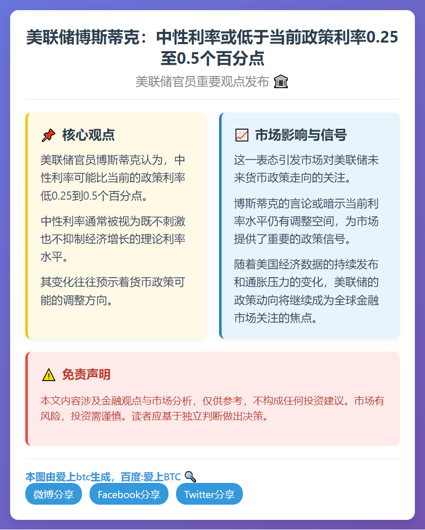 美联储博斯蒂克：中性利率或低于当前0.25-0.5个百分点