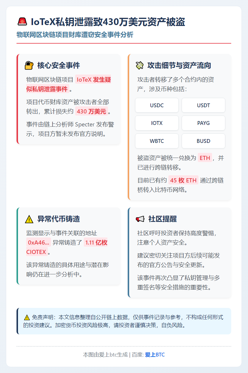 IoTeX私钥泄露致430万美元资产被盗