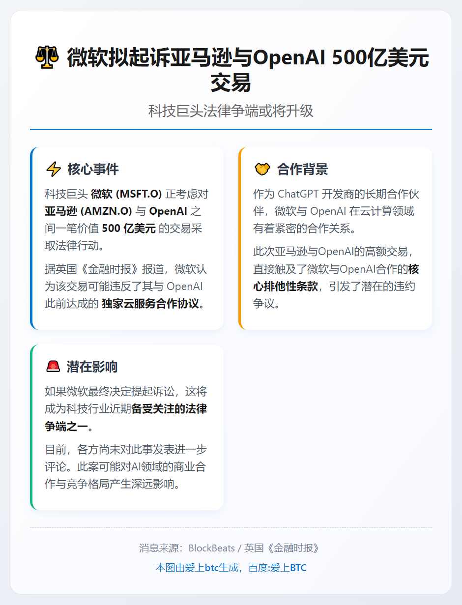 微软拟起诉亚马逊与OpenAI500亿美元交易