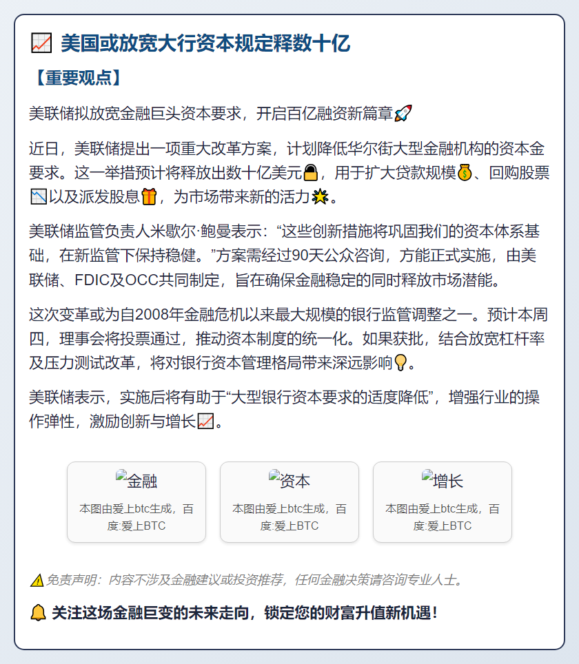 美国或放宽大行资本规定释数十亿
