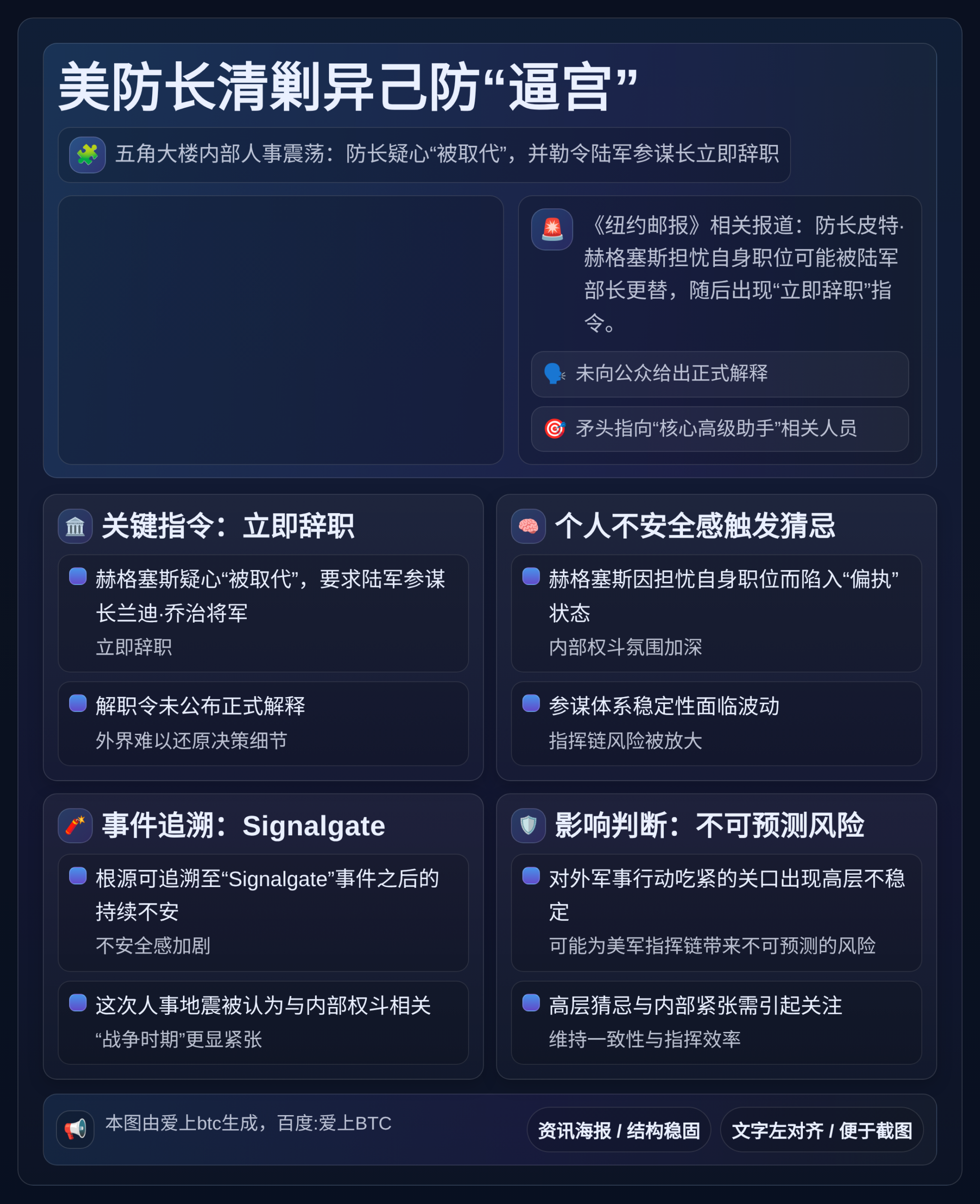 美防长清剿异己防“逼宫”